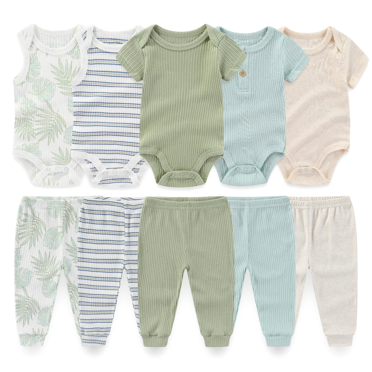 Baby Bodysuit and Pants Set, 10-Piece Kiddiezoom Infant Clothing Bundle with Short-Sleeve Tops for Boys and Girls, Sizes 3M-12M