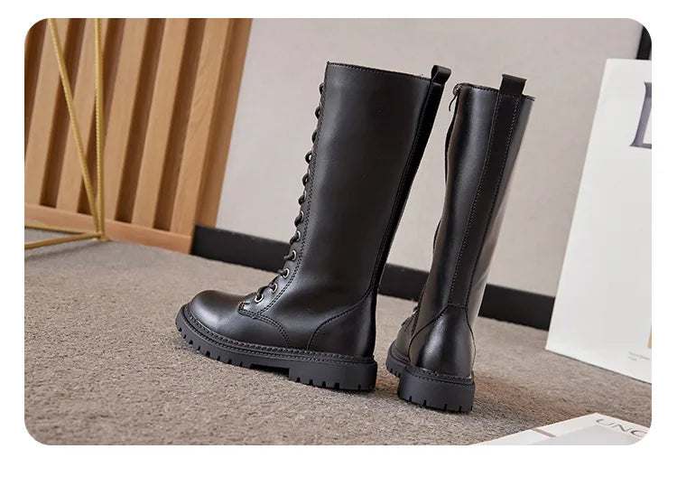 Lace-Up Knee-High Boots for Girls with Side Zippers and Chunky Soles, Black or Beige Motorcycle-Inspired Tall Fashion Shoes, Sizes 27–37