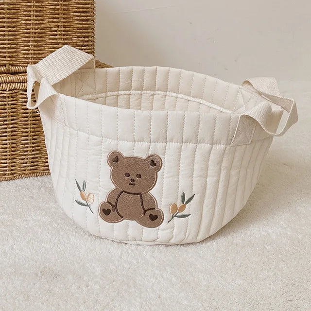 Diaper Storage Basket with Cute Bear Embroidery and Carry Handles, Quilted Nursery Organizer for Newborn Diapers, Toys and Baby Essentials
