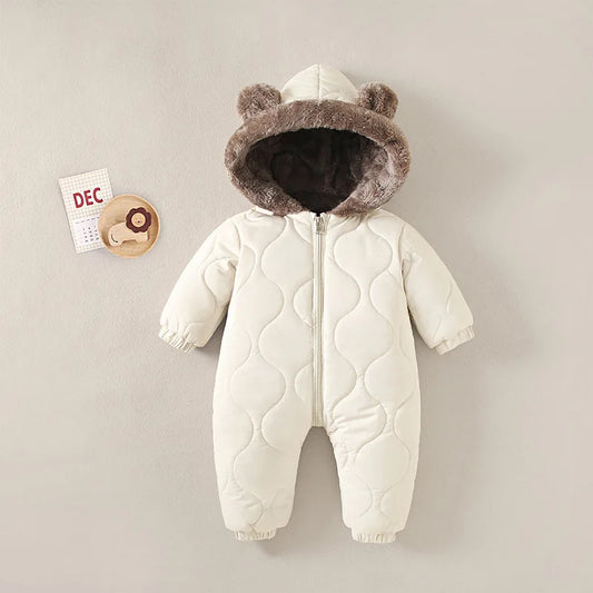 Baby Winter Outdoor One-Piece with Bear Ear Hood, Plush-Look Trim and Wavy Quilting, Zip-Front Jumpsuit for Infant and Toddler Boys and Girls