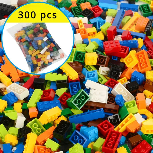 Creative Building Brick Set, 300 or 500 Colorful DIY Pieces for Open-Ended Construction, City Scenes, Counting and Shape Sorting Play