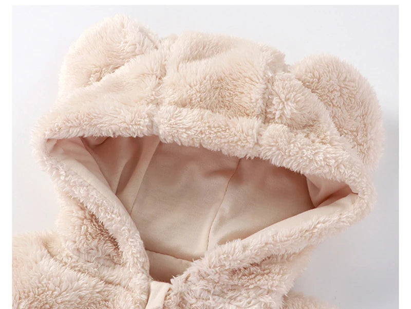 Bear Ear Baby Romper with Plush Texture and Heart Pockets, Hooded Zip Front One-Piece Outfit for Boys and Girls in Four Colors, 0-12 Months