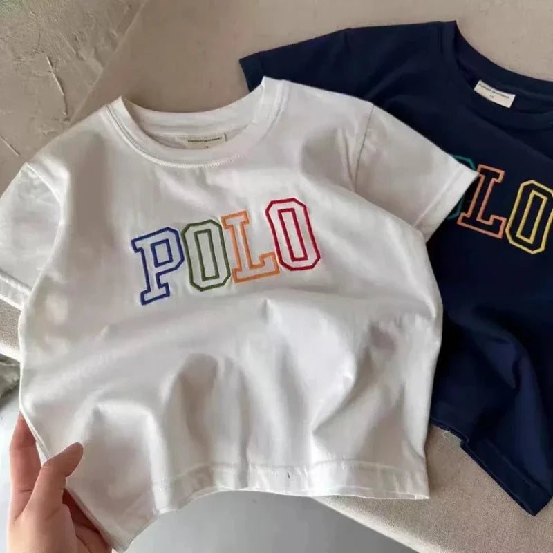 Kids Letter Print T-Shirt in Cotton with Colorful Outlined Graphic, Short Sleeve Crewneck Summer Top for Casual Outfits and Family Outings