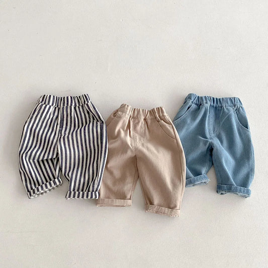 Baby Toddler Elastic Waist Pants with Watering-Can Graphic Patch Pocket, Striped Blue or Khaki Casual Trousers for Boys and Girls