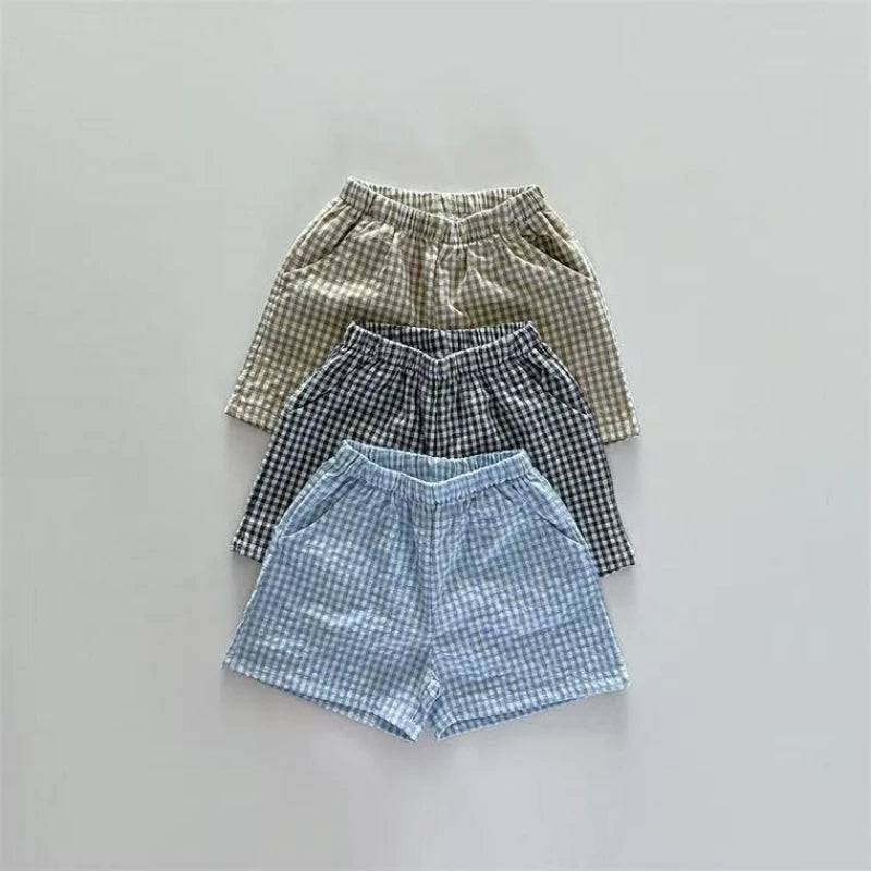 Kids Plaid Jacket and Shorts Set with Stand Collar and Front Zipper, Blue Black or Khaki Two-Piece Summer Outfit for Babies and Toddlers