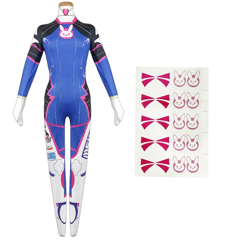 D.va Cosplay Costume and Accessory Options for Women, Blue Character Jumpsuit, Wig, Headset and Prop Selections for Halloween and Conventions