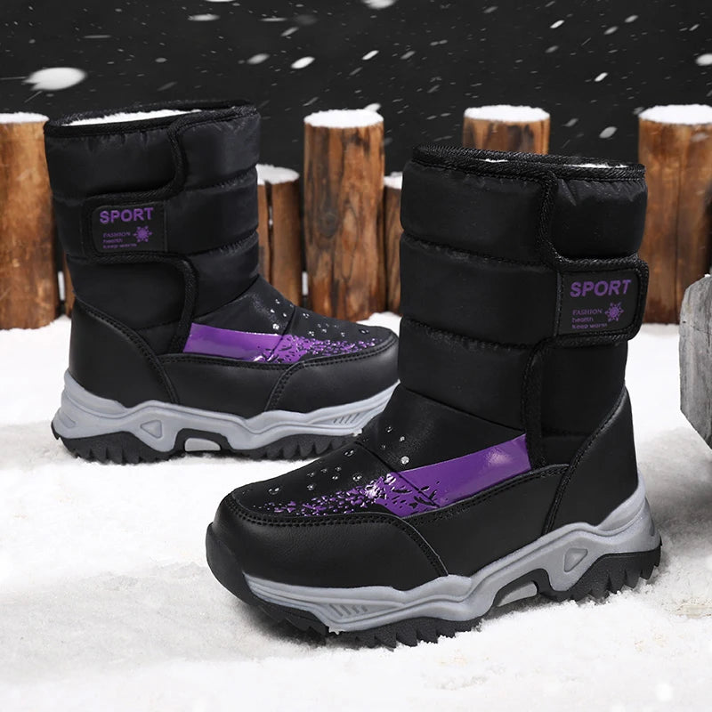 Kids Plush-Lined Winter Boots with Padded Shafts and Front Flap Closures, Pink or Purple Snow-Style Footwear for Boys and Girls