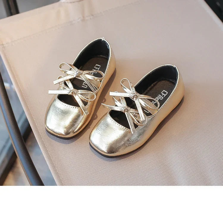 Girls Square-Toe Double-Bow Dress Flats with Cross-Strap Detail in Silver, Black or Gold for Party Outfits, Family Celebrations and Special Occasions