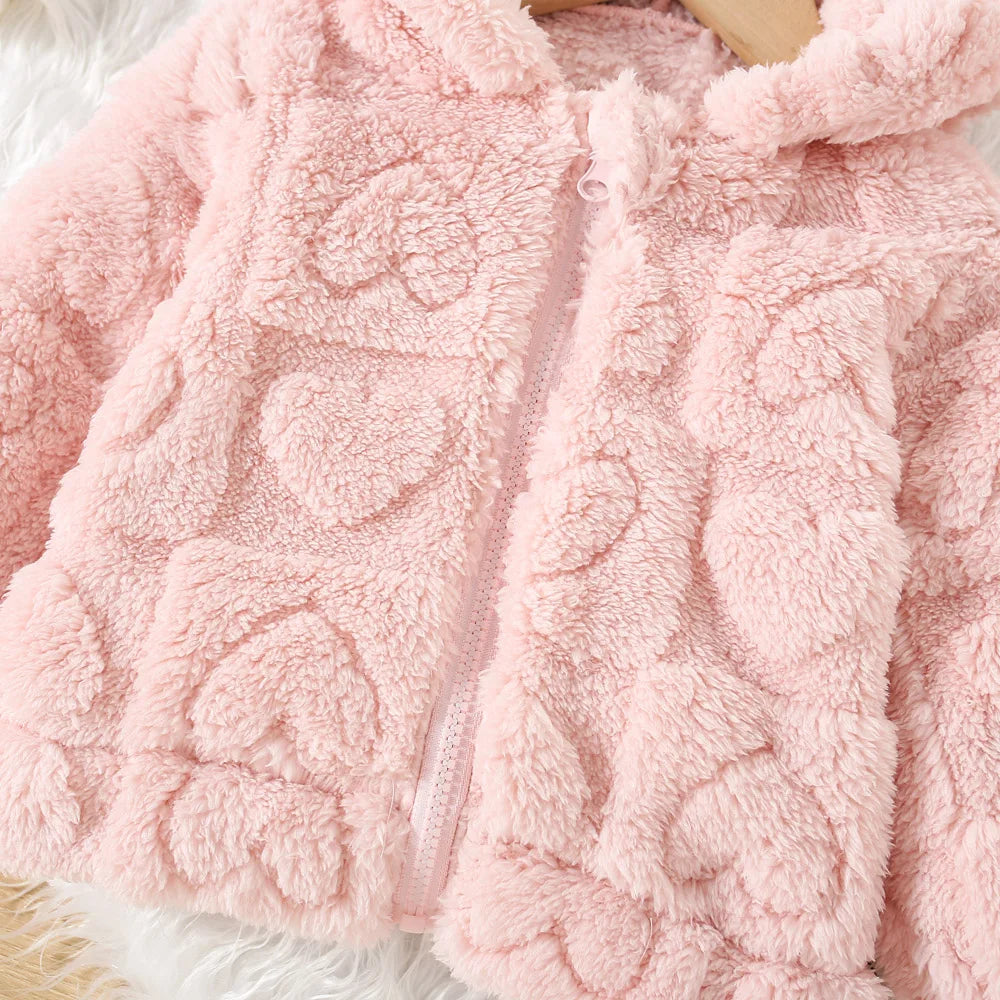 Baby Girl Fleece Zip-Up Jacket with Hood, Pink Heart or Bear Style Toddler Outerwear for Spring and Fall, Sizes 6-9M through 2-3Y