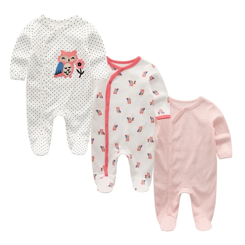 Baby Footed Jumpsuits 3-Pack, 100% Cotton Long Sleeve Cartoon Rompers for Newborn Boys and Girls, Fall and Winter Everyday Outfits