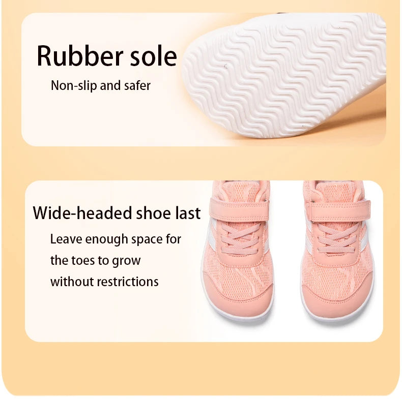 Kids Wide-Toe Mesh Sneakers with Adjustable Hook-and-Loop Strap, Contrast Side Stripes and Low-Top Casual Style in Pink, Black or Blue