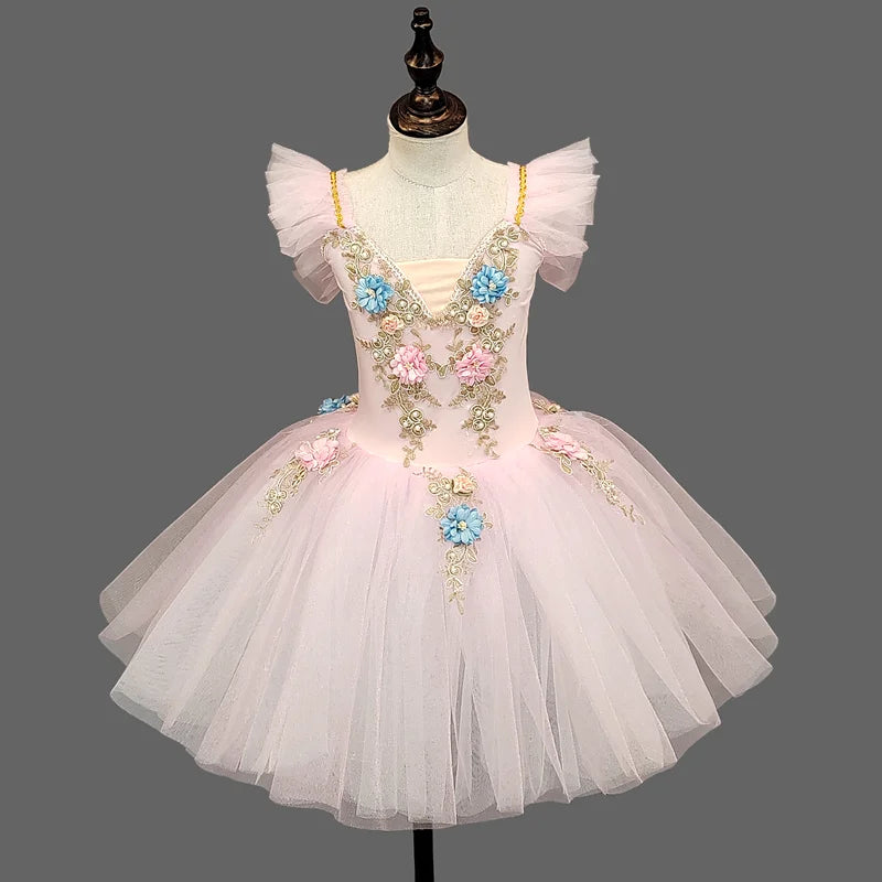 Floral Girls Ballet Tutu Dress with Ruffled Shoulders and Layered Skirt for Dance Recitals, Stage Performances and Group Costumes, Sizes 110-160