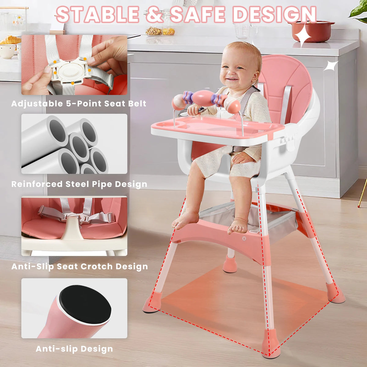Baby Dining High Chair with Removable Double-Layer Tray, Convertible Toddler Seating with Adjustable Footrest and Toy Rack for Family Mealtimes