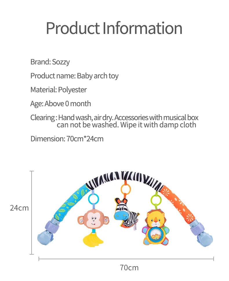 Adjustable Baby Activity Arch with Clamp-On Animal Toys, Colorful Stroller Play Bar for Supervised Sensory Exploration and Baby Shower Gifts