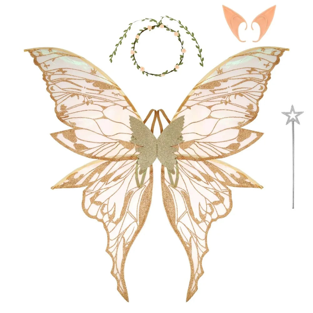 Fairy Wings Costume Set with Organza Butterfly Wings, Elf Ears, Floral Wreath and Star Wand for Halloween, Fantasy Parties and Dress-Up