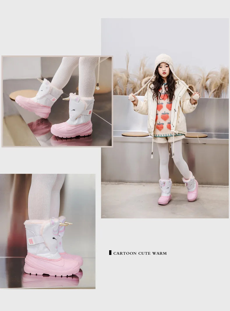 Kids Unicorn Winter Boots with Plush Trim, Gold-Tone Horn and Ear Details, Pink and White Fantasy-Themed Cold-Weather Footwear for Girls