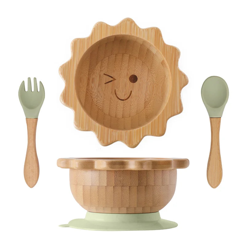Bamboo Baby Suction Bowl and Tableware Options, Sun, Cloud and Dinosaur Designs with Single-Piece or 3-Piece Wooden-Handle Utensil Sets