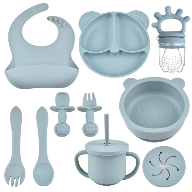Silicone Suction Feeding Set, 10-Piece Panda Baby Tableware with Divided Plate, Bowl, Pocket Bib, Straw Cup and Two Utensil Pairs in Nine Colors