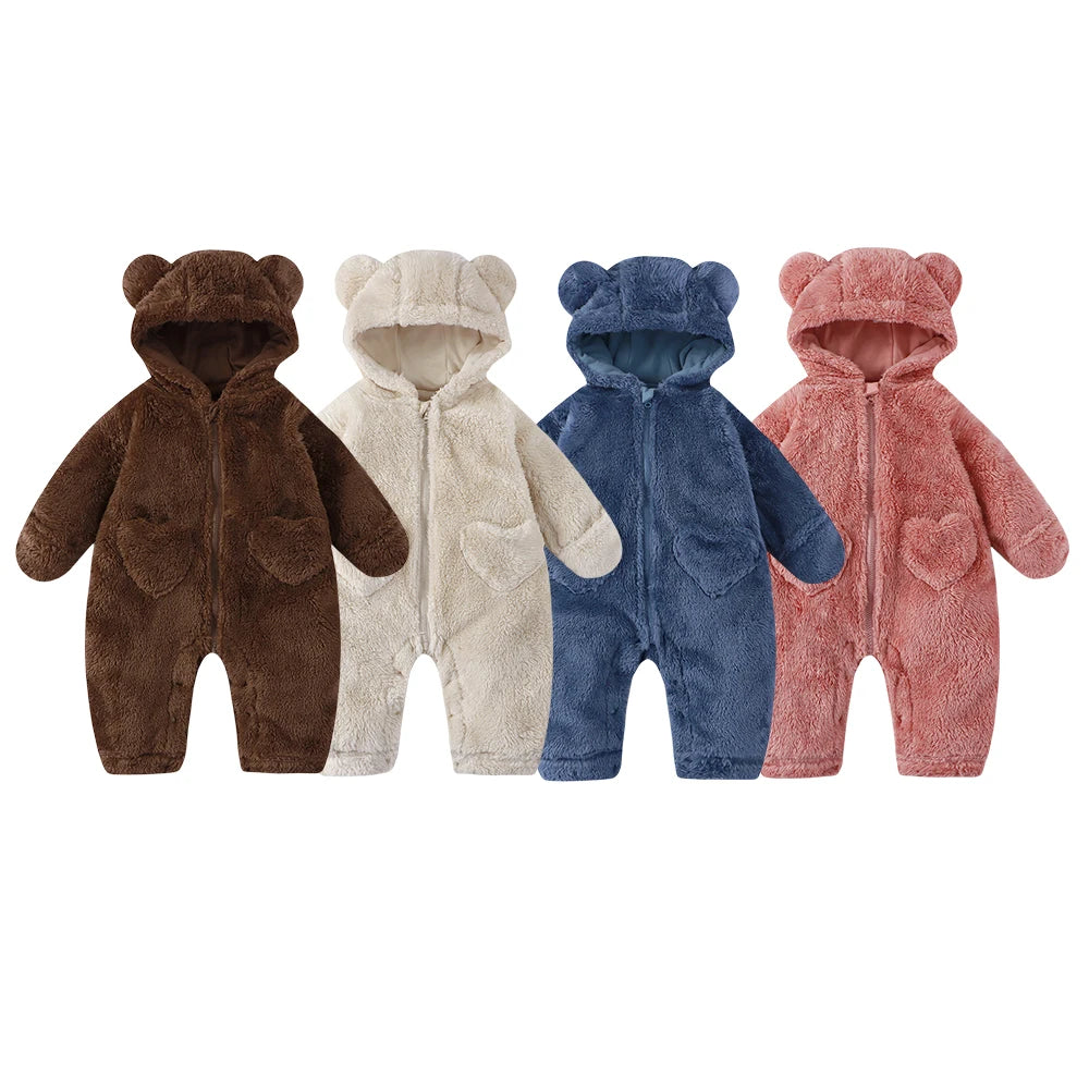 Bear Ear Baby Romper with Plush Texture and Heart Pockets, Hooded Zip Front One-Piece Outfit for Boys and Girls in Four Colors, 0-12 Months