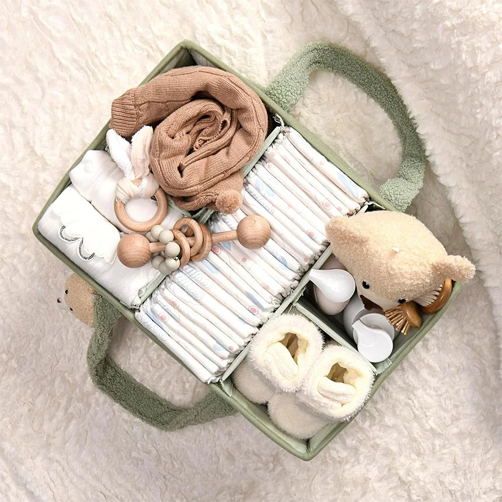 Plush Diaper Caddy with Carry Handles, Divided Compartments and Outer Pockets, Teddy Bear Nursery Organizer for Diapers and Baby Essentials