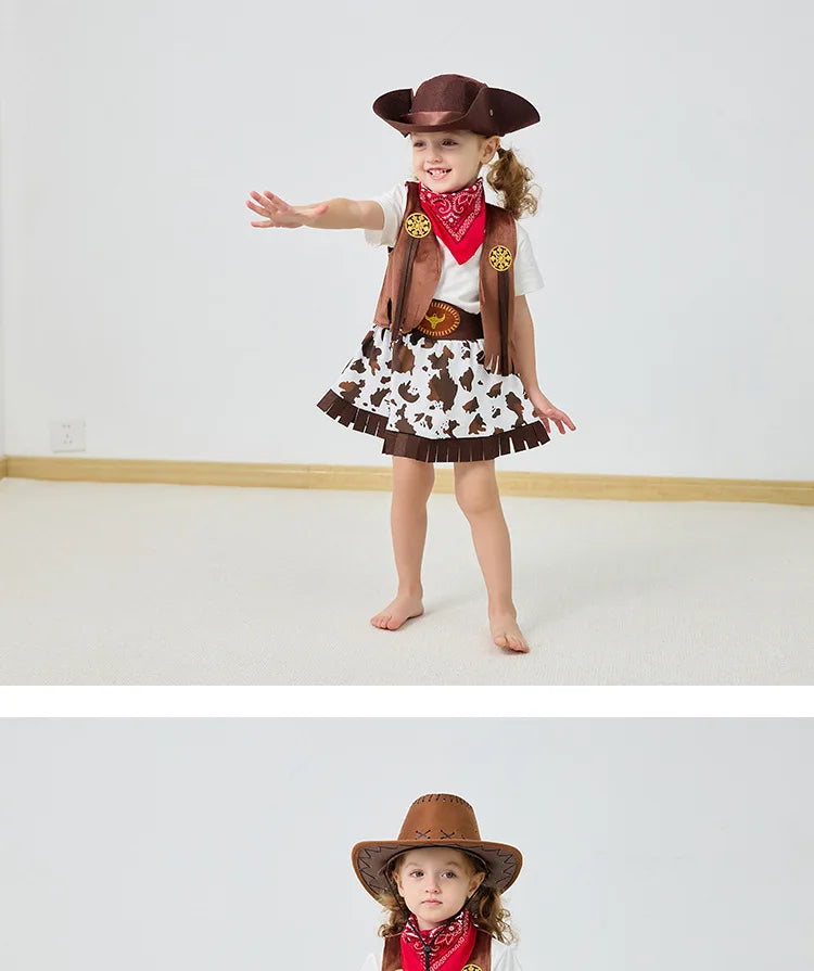 Girls Cowgirl Costume Set with Brown Fringe Vest, Cow-Print Skirt, Hat and Bandana, Western Dress-Up Outfit for Halloween and Birthday Parties