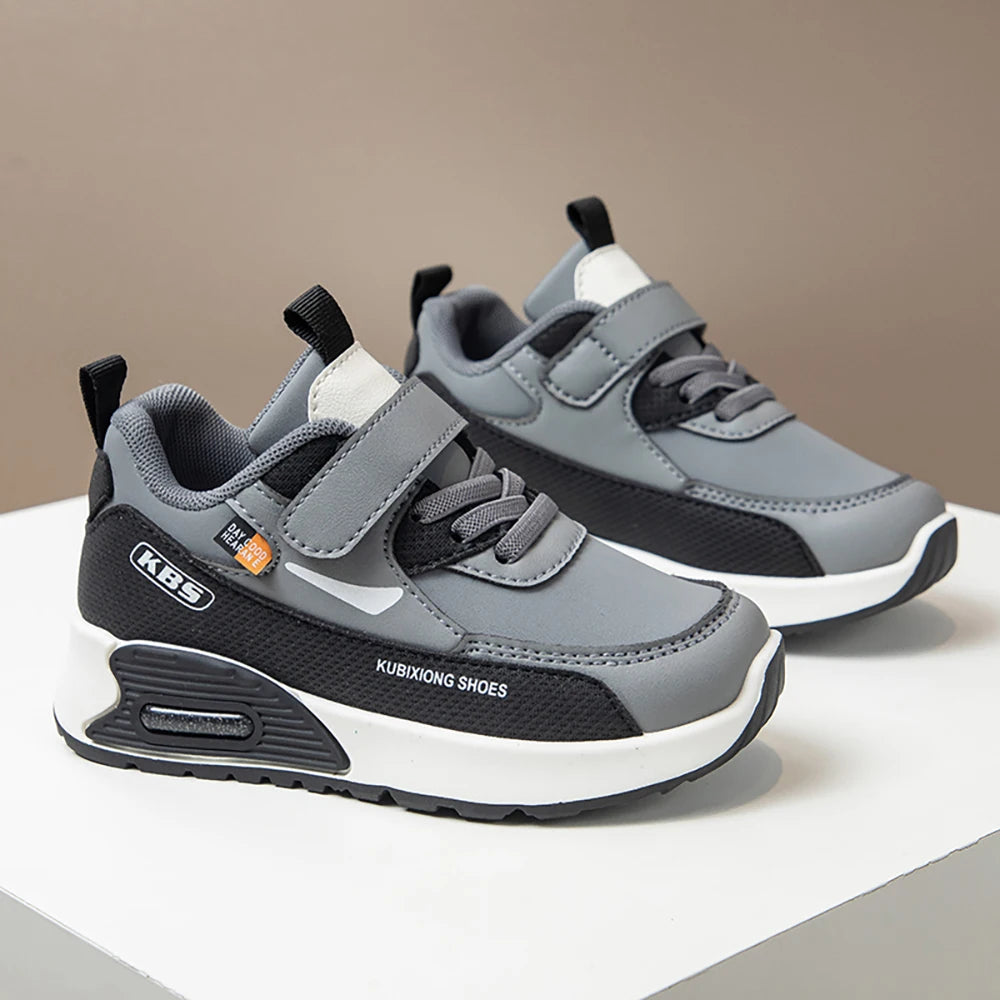 Color-Block Kids Running Shoes with PU Leather Upper, Soft Rubber Sole and Strap Closure for Boys and Girls, School Days and Outdoor Play