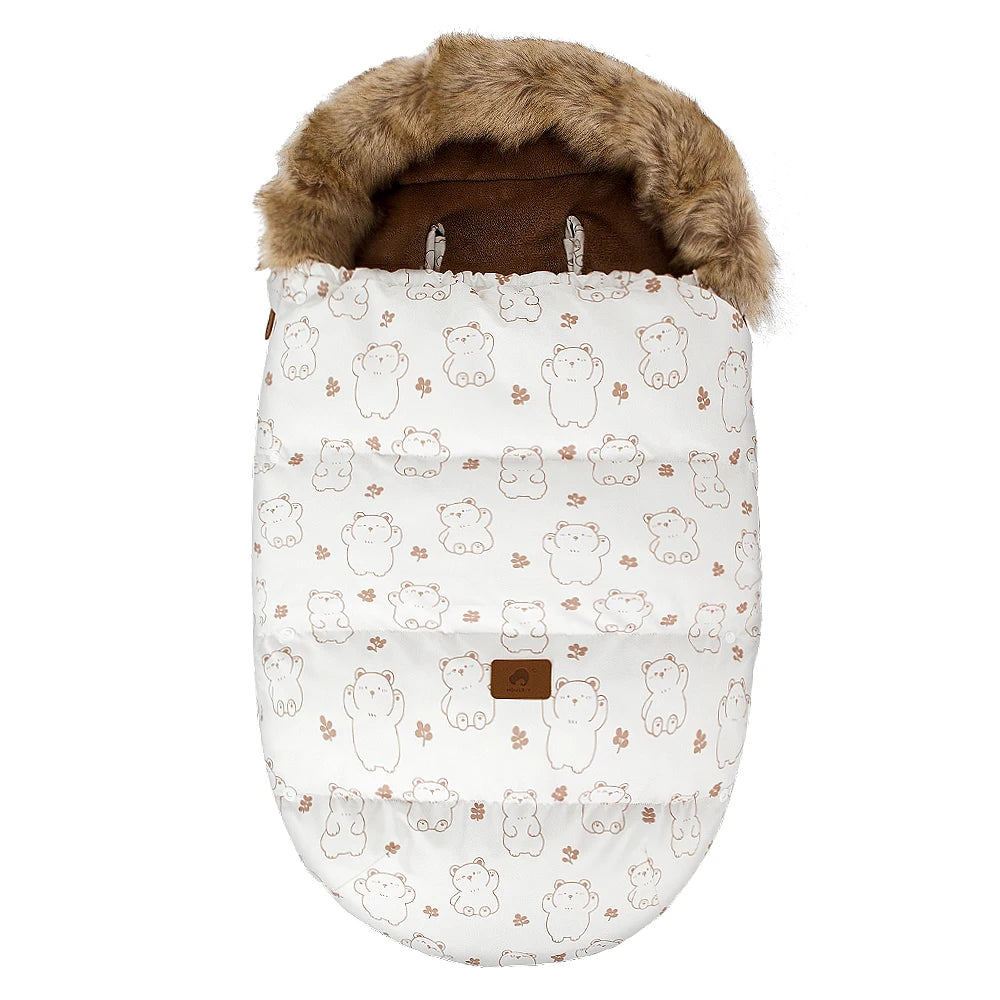 Baby Stroller Winter Footmuff with Two-Way Zipper, Removable Fur-Style Collar and Front Buttons, Pram Sack in Floral, Bear and Solid Styles