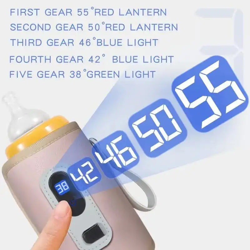 Baby Bottle Insulation Sleeve with LCD Display, Portable USB Milk Warming Cover with Carry Loop for Caregiver Use at Home and During Travel