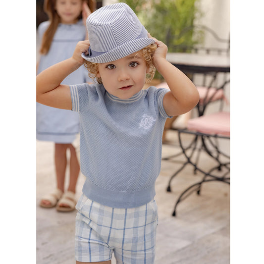 Light Blue Sibling Matching Outfits with Cotton Girls Collared Dresses, Baby Rompers and Boys Plaid Sets, Lyocell Knit Tops and White Separates