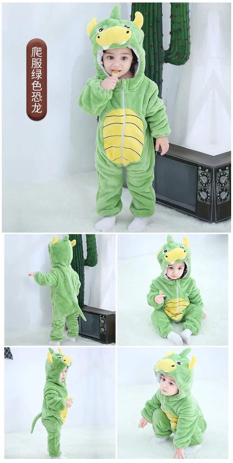 Baby Animal Hooded Costume Jumpsuit with Flannel Styling, Duck, Rabbit, Leopard and More Dress-Up Options for Boys and Girls, Sizes 70-120
