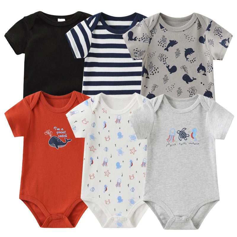 Baby Cotton Bodysuit Set, 6-Piece Short Sleeve Outfits with Envelope Shoulders and Snap Crotch for Boys and Girls, Sizes 3M-12M