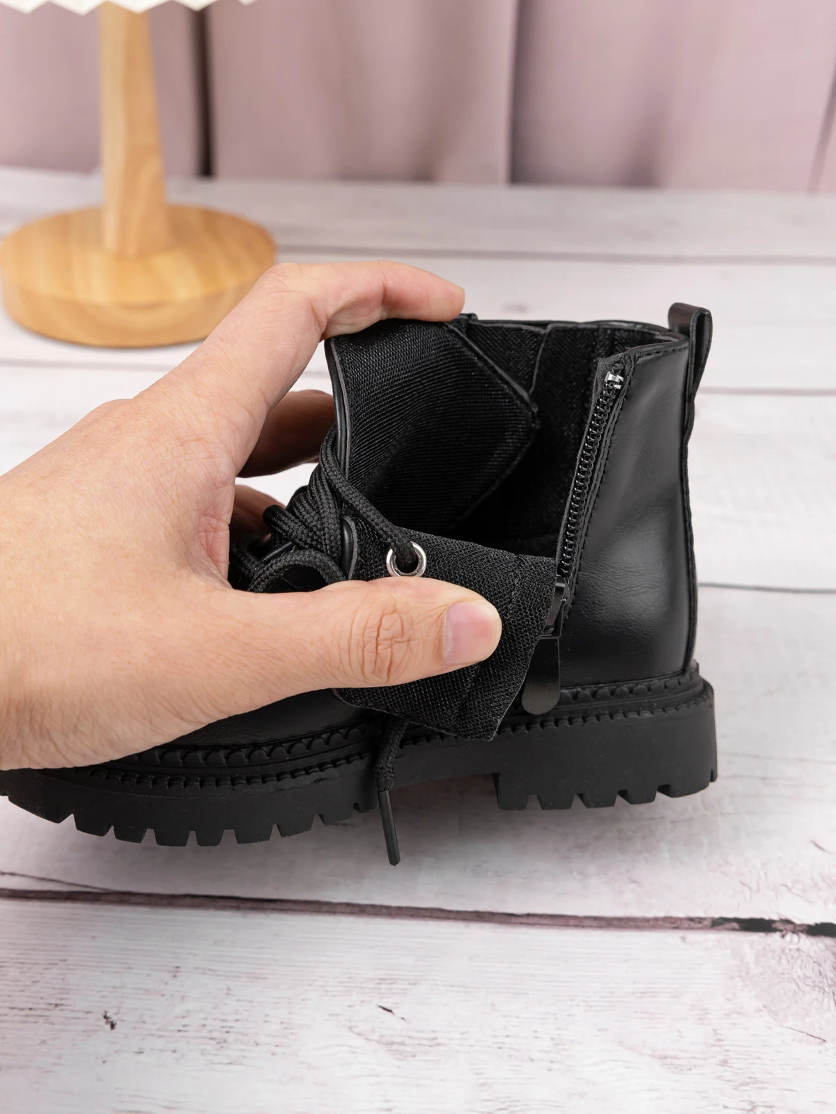 Kids PU Leather Combat Ankle Boots with Lace-Up Front, Side Zipper and Black Chunky Soles, Boys and Girls Fall Winter Shoes in Sizes 21-30