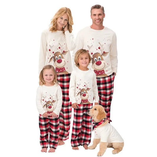 Red-Nose Reindeer Family Christmas Pajamas with White Long Sleeve Tops and Red Black Plaid Pants, Matching Mom Dad Kids Sets and Baby Jumpsuit Options