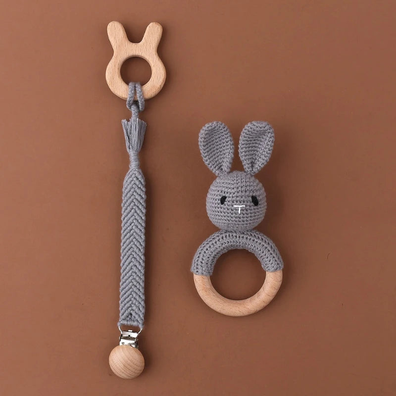 Crochet Animal Rattle Set with Wooden Ring and Coordinating Accessories, Rabbit, Deer and More Designs for Supervised Play and Baby Shower Gifts