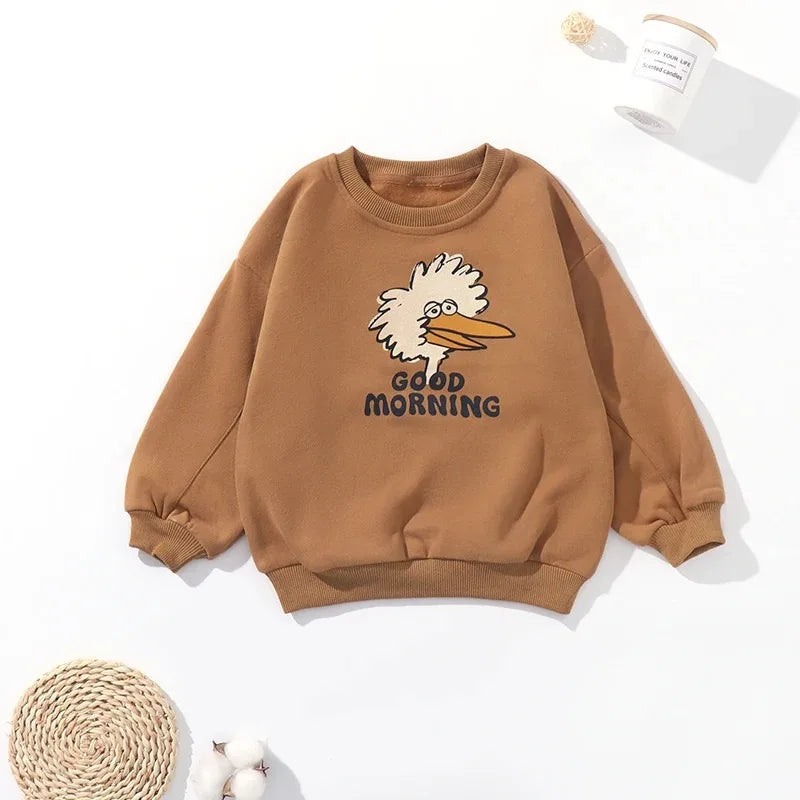 Kids Crewneck Sweatshirt with Animal, Flower and Letter Graphic Options, Long Sleeve Unisex Pullover for Boys and Girls Everyday Seasonal Layering
