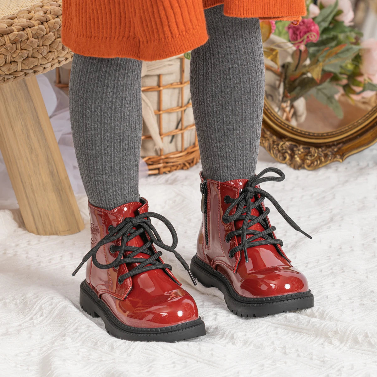 Kids PU Leather Combat Ankle Boots with Lace-Up Front, Side Zipper and Black Chunky Soles, Boys and Girls Fall Winter Shoes in Sizes 21-30