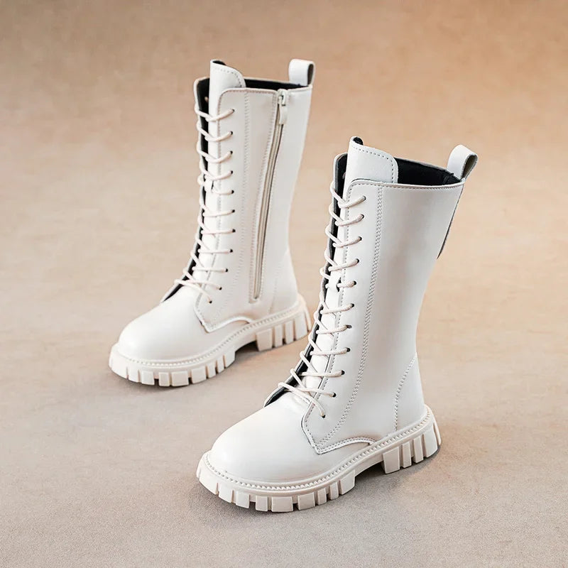 Girls Lace-Up Combat Boots with Side Zipper, Round Toe and Chunky Tread Sole, Mid-Calf Fashion Boots in Black or Beige for Fall and Winter Casual Outfits