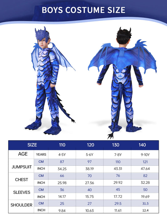 Dragon Knight Costume for Kids in Blue and Black, Scale Print Jumpsuit with Shaped Wings, Cotton-Padded Tail and Mask for Halloween Parties