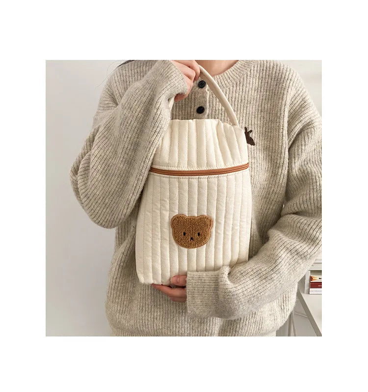 Quilted Diaper Bag with Bear Applique, Beige Cotton Zippered Baby Essentials Organizer with Carry Handle for Moms and Everyday Outings