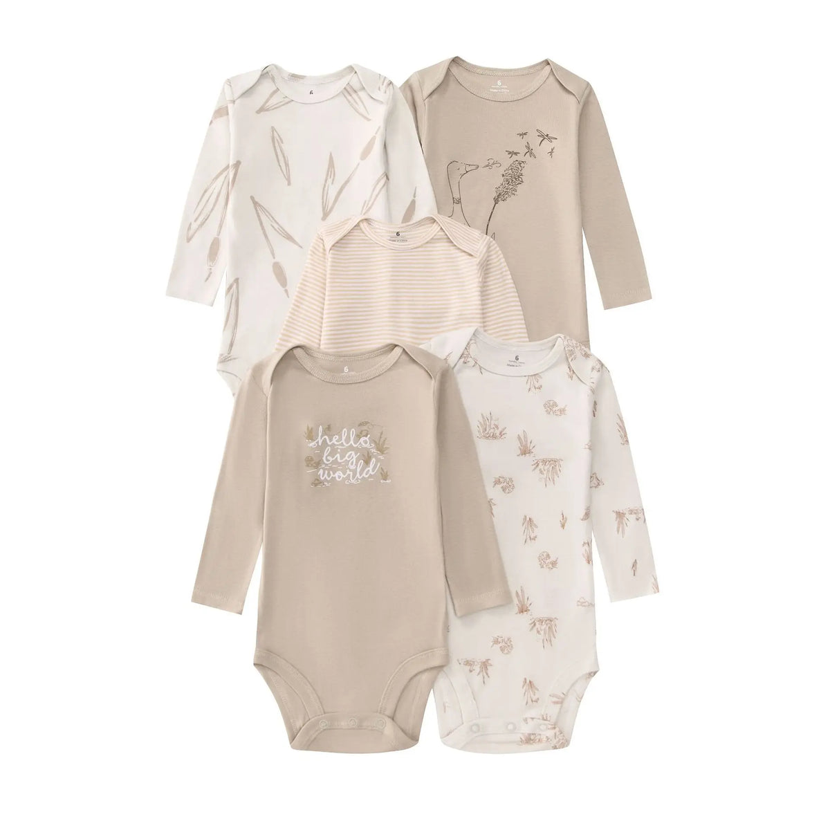 Baby Long Sleeve Bodysuits 5-Pack in Cotton, Everyday One-Piece Clothing Set for Infant Boys and Girls in 6 to 24 Month Sizes