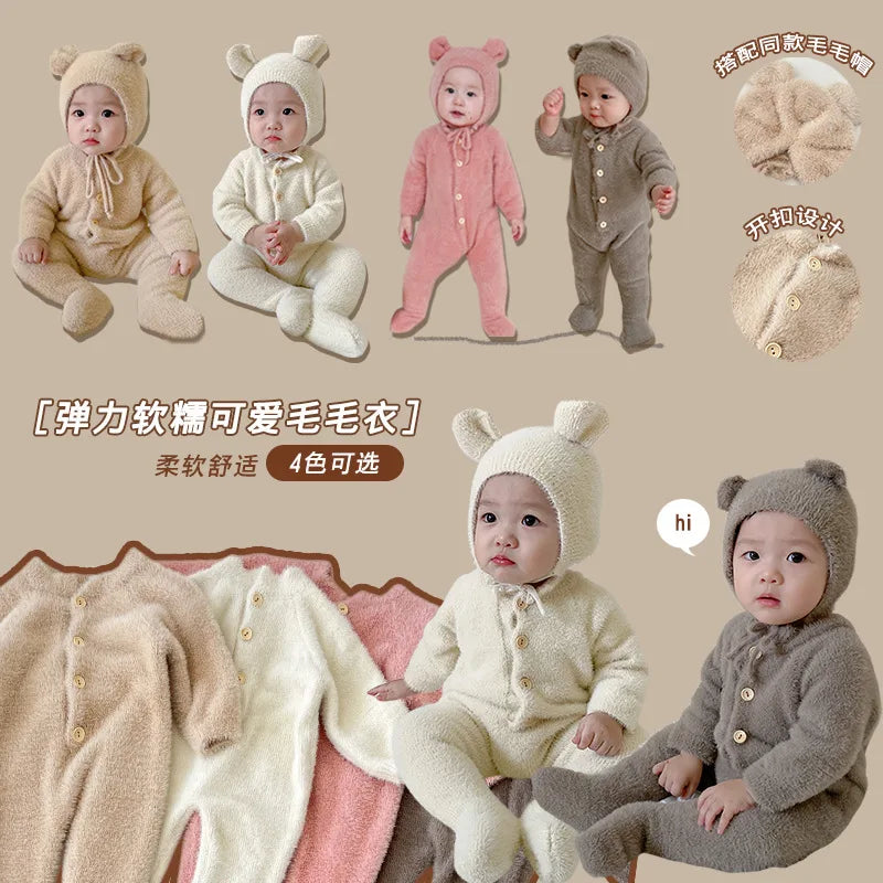 Plush Baby Jumpsuit with Front Buttons and Long Sleeves, Textured Fall Winter One-Piece Outfit for Boys and Girls in White, Camel, Pink or Grey