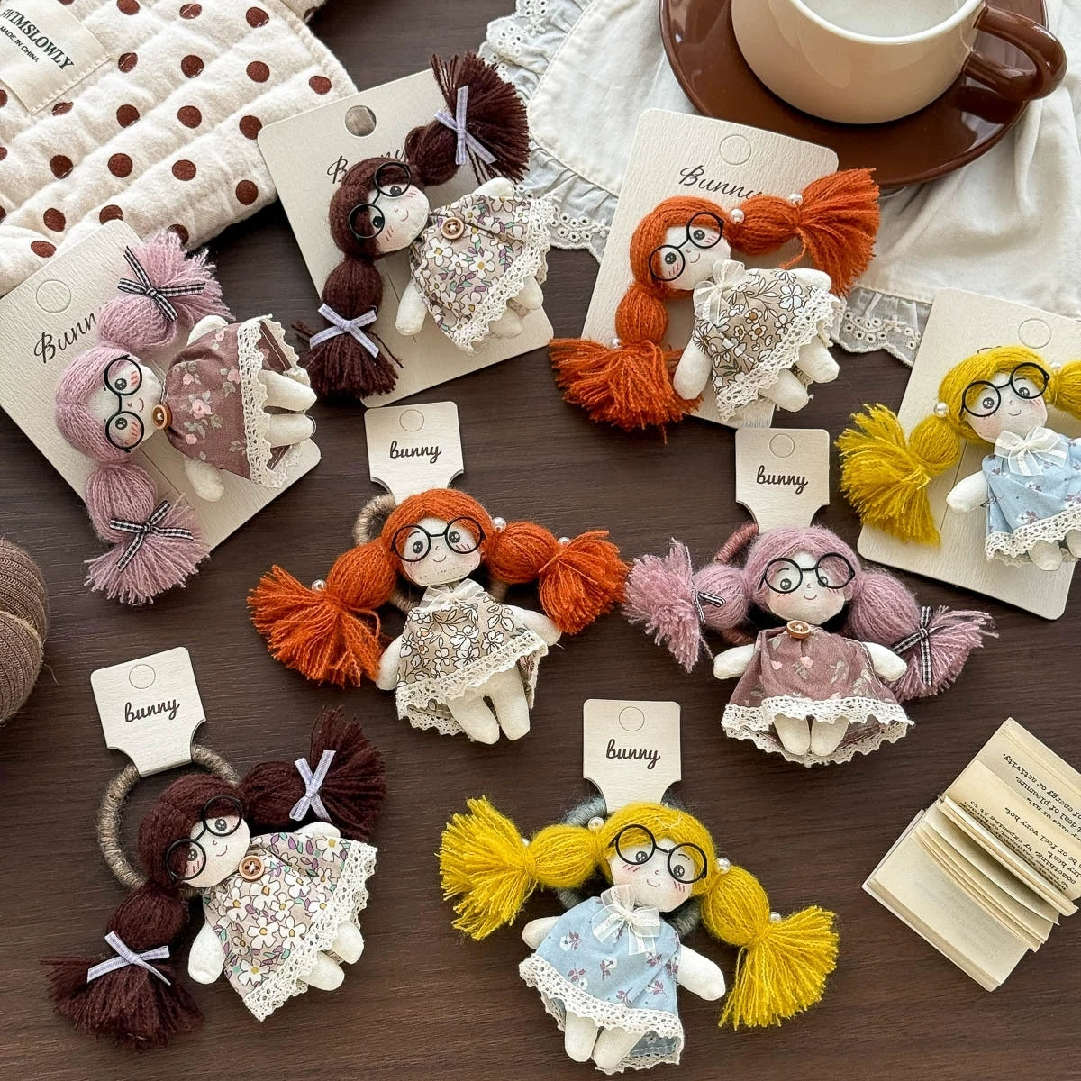 Doll Hair Accessories for Girls, Handmade Cotton Character Hair Clip or Elastic Hair Tie with Floral Dress and Colorful Pigtail Details