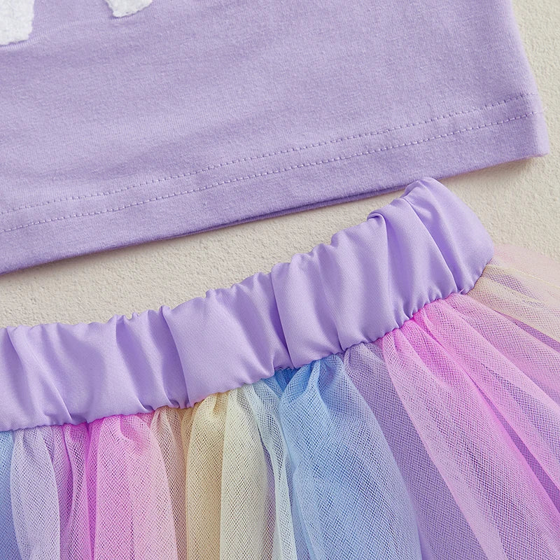 Toddler Girl Birthday Outfit with Purple Embroidered Tee and Pastel Rainbow Tulle Skirt, Two-Piece Party and Photo Set, 12 Months-6 Years