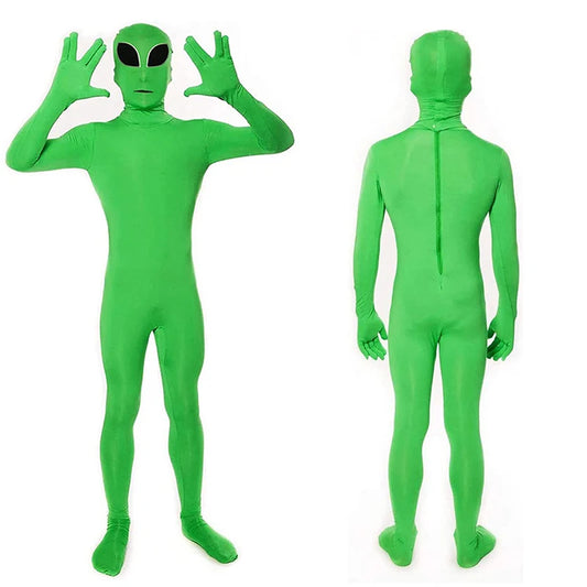 Green Alien Costume for Kids and Adults, Full-Body Zentai Jumpsuit with Black Eye Design for Halloween, Carnival and Sci-Fi Cosplay