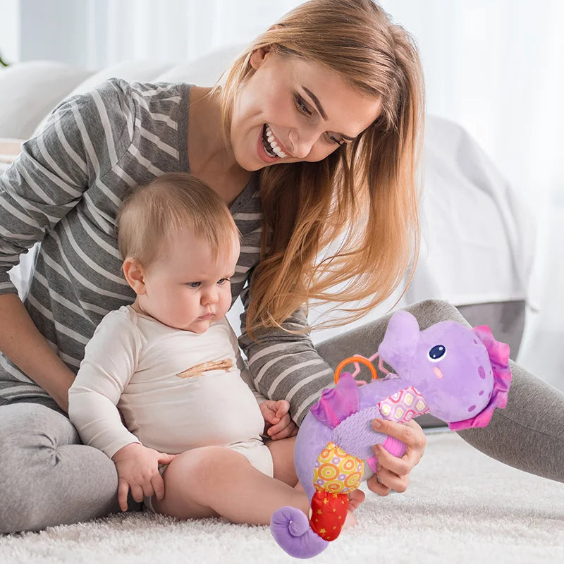 Plush Seahorse Baby Rattle with Crinkle Sounds, Colorful Patterned Panels and Soft Animal Design for Supervised Sensory Play and Baby Shower Gifts