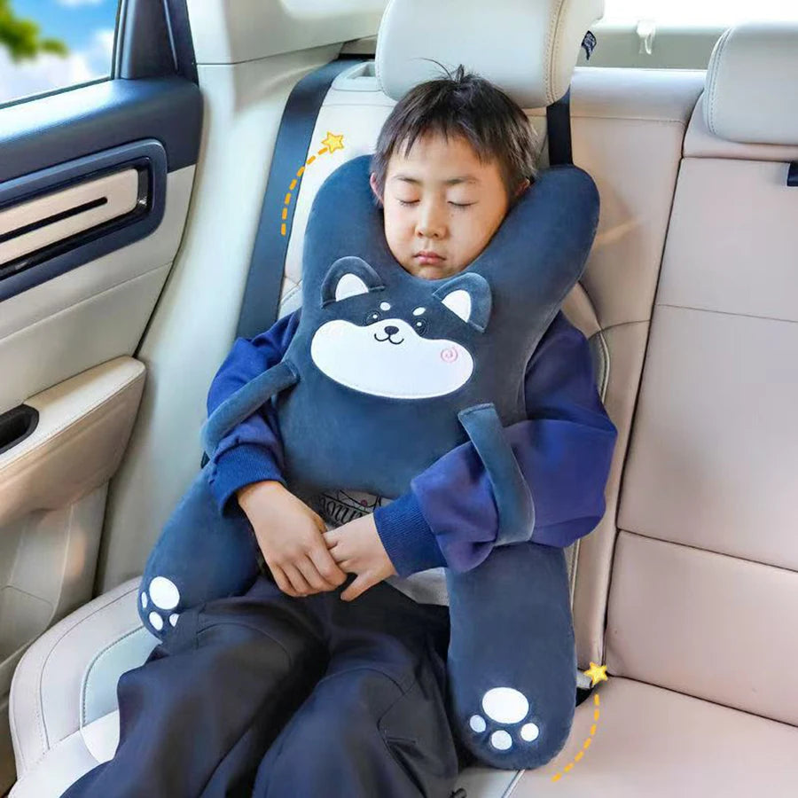 Kids Car Neck Pillow for Back Seat Travel, Child Head Support Accessory with Seat Belt Attachment for Road Trips and Long Drives