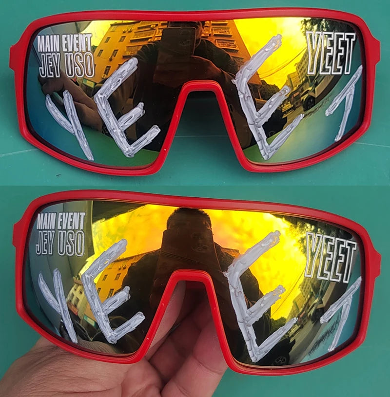 YEET Graphic Sunglasses with Jey Uso Main Event Lettering, Colorful Shield-Style Fan Shades in Children's and Adult Options for Party Outfits