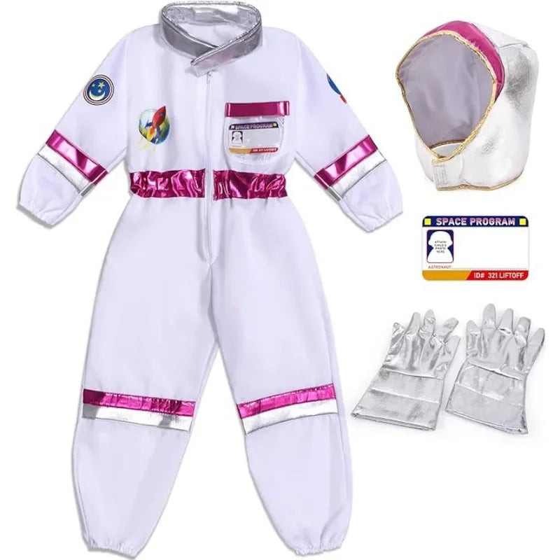 Space Explorer Costume for Kids with White Astronaut Jumpsuit, Space-Themed Patches and Metallic Trim Options for Halloween and Birthday Parties