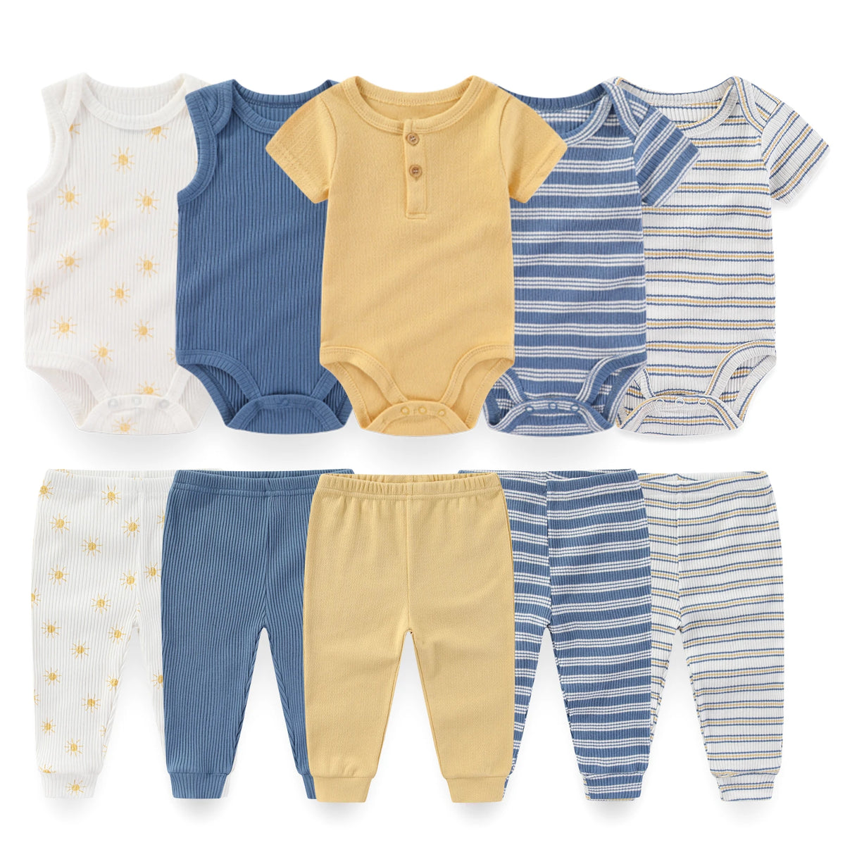 Baby Bodysuit and Pants Set, 10-Piece Kiddiezoom Infant Clothing Bundle with Short-Sleeve Tops for Boys and Girls, Sizes 3M-12M