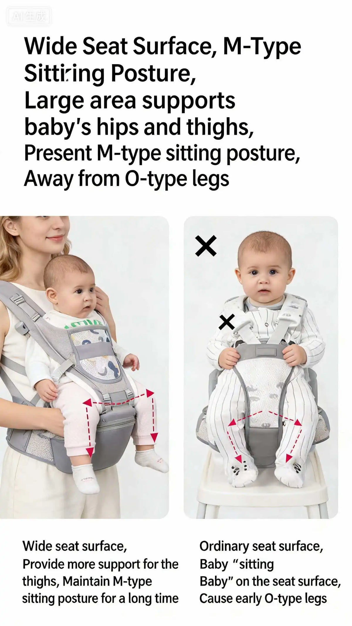 Front and Back Baby Carrier with Hip Seat, Adjustable Buckle Straps and Wide Waist Belt, Gray or Dark Blue Babywearing for Family Outings